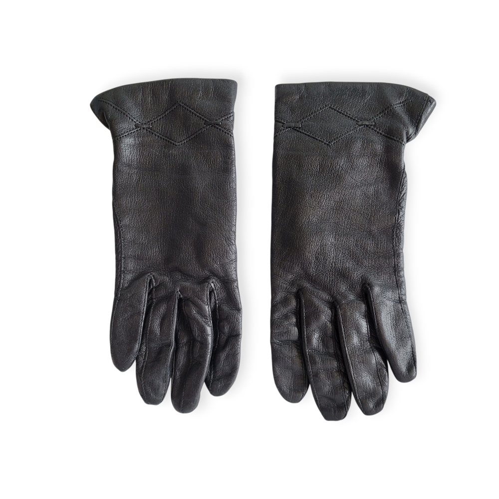 Vintage Black Leather Gloves With stitching Detail Lined 6 1/2
